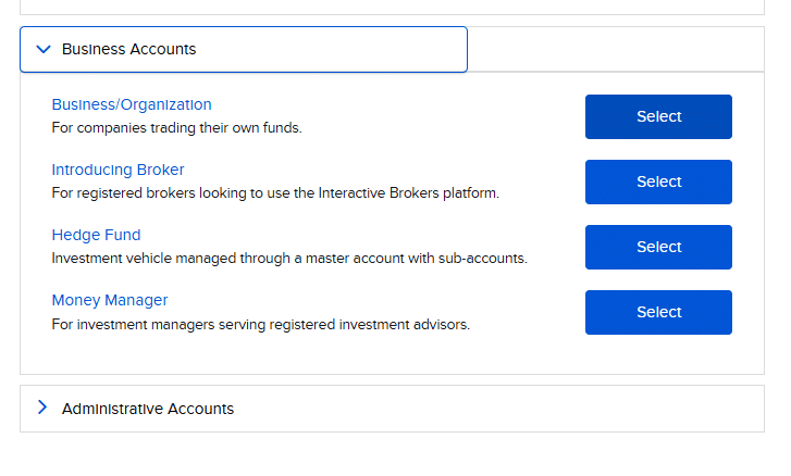 Bloque Business Accounts de Interactive Brokers con las cuatro opciones de cuenta de empresa