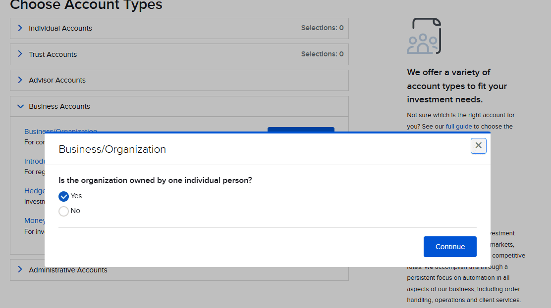 Ventana de Interactive Brokers preguntando si la organización es propiedad de una sola persona