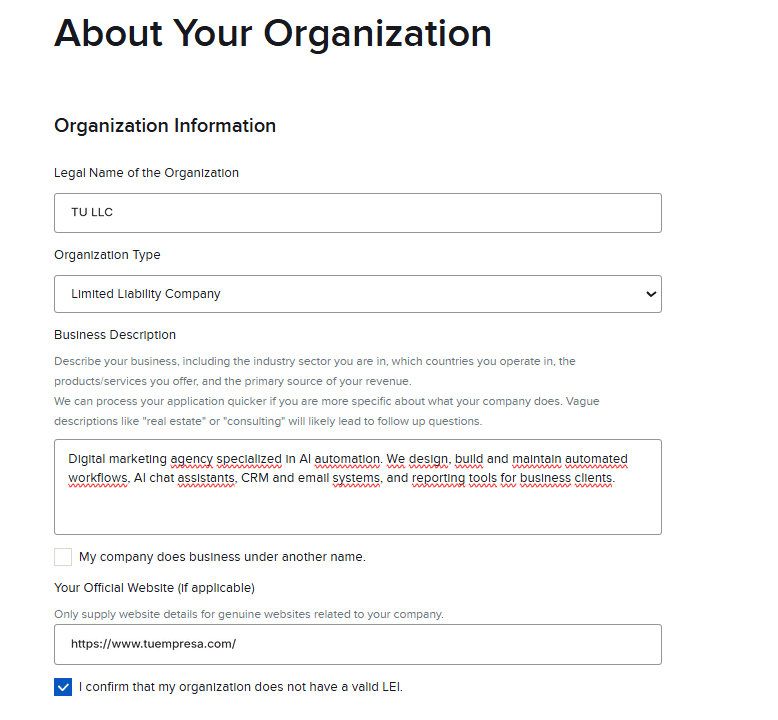 Pantalla About Your Organization de Interactive Brokers con el nombre legal, el tipo y la descripción de la empresa