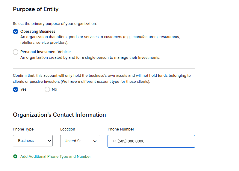 Pantalla Purpose of Entity de Interactive Brokers con la opción Operating Business marcada y el teléfono de la empresa