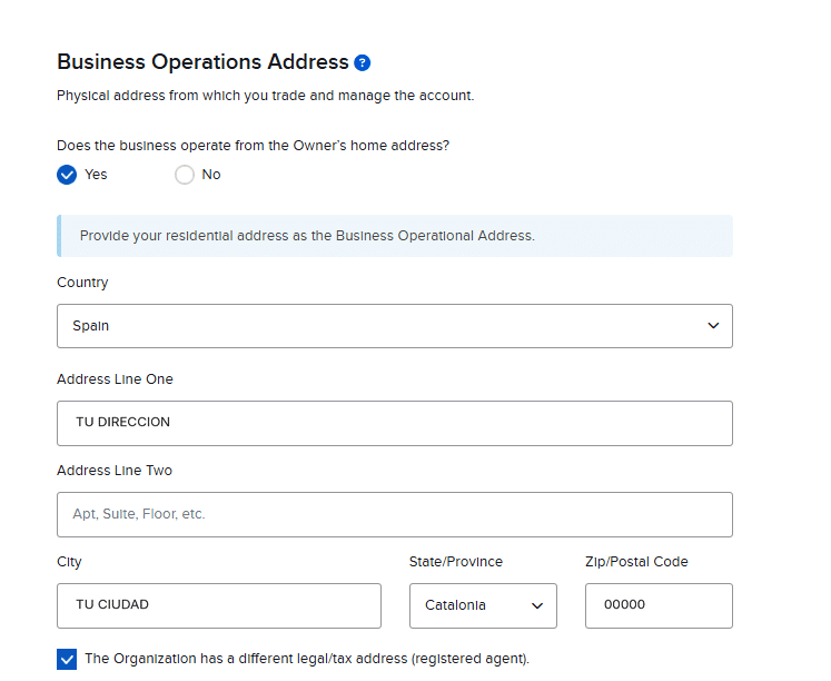 Pantalla Business Operations Address de Interactive Brokers con la dirección residencial del propietario