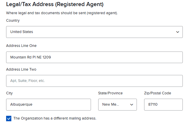 Pantalla Legal/Tax Address de Interactive Brokers con la dirección del agente registrado en Nuevo México