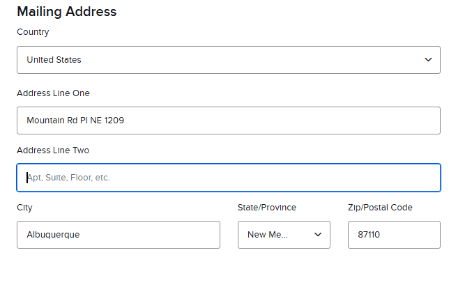 Pantalla Mailing Address de Interactive Brokers con la dirección postal de la empresa