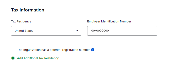Pantalla Tax Information de Interactive Brokers con la residencia fiscal Estados Unidos y el EIN de la LLC