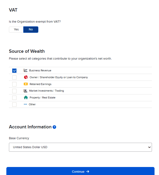 Pantalla de Interactive Brokers con la pregunta de IVA, el origen del patrimonio y la divisa base en dólares