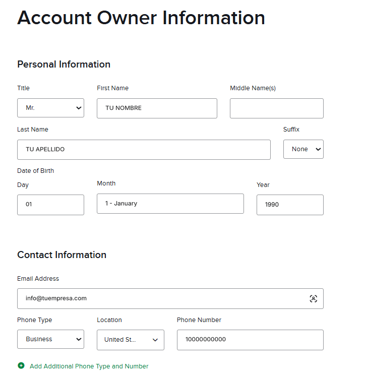 Pantalla Account Owner Information de Interactive Brokers con el nombre, la fecha de nacimiento y el contacto del titular