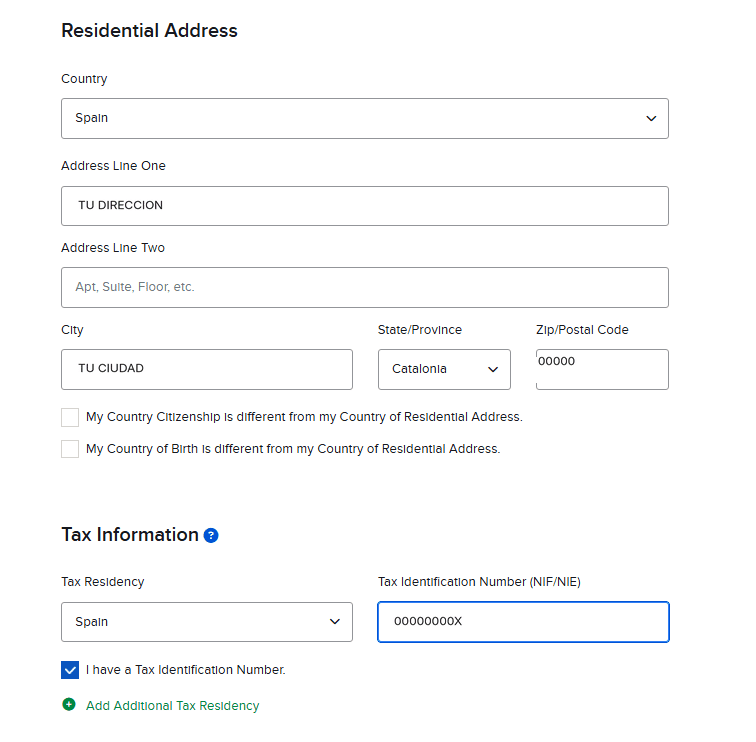 Pantalla Residential Address de Interactive Brokers con la dirección del titular y su número de identificación fiscal