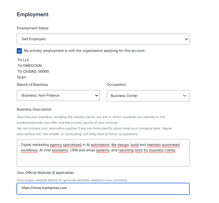 Pantalla Employment de Interactive Brokers con la situación laboral del titular y los datos de la empresa
