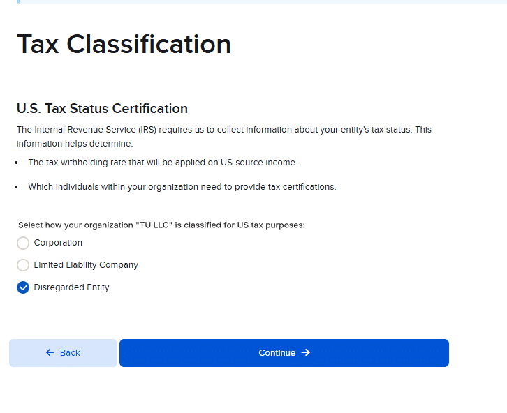 Pantalla Tax Classification de Interactive Brokers con la opción Disregarded Entity seleccionada