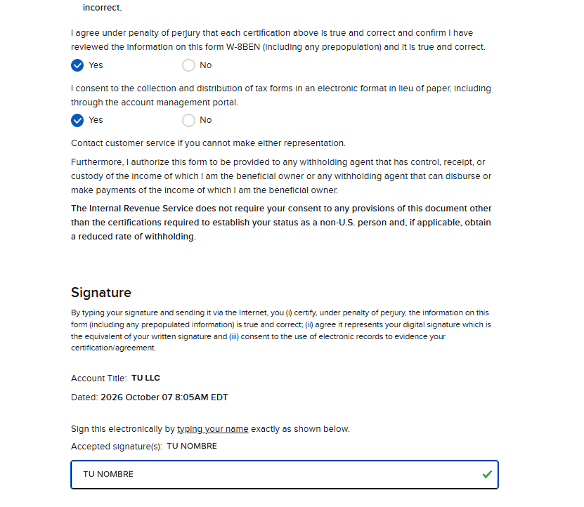 Pantalla de firma del formulario W-8BEN en Interactive Brokers