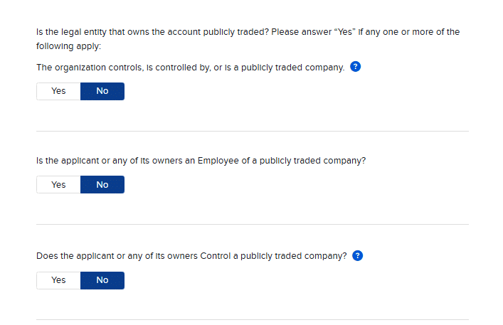 Pantalla de Interactive Brokers con las preguntas sobre empresas cotizadas