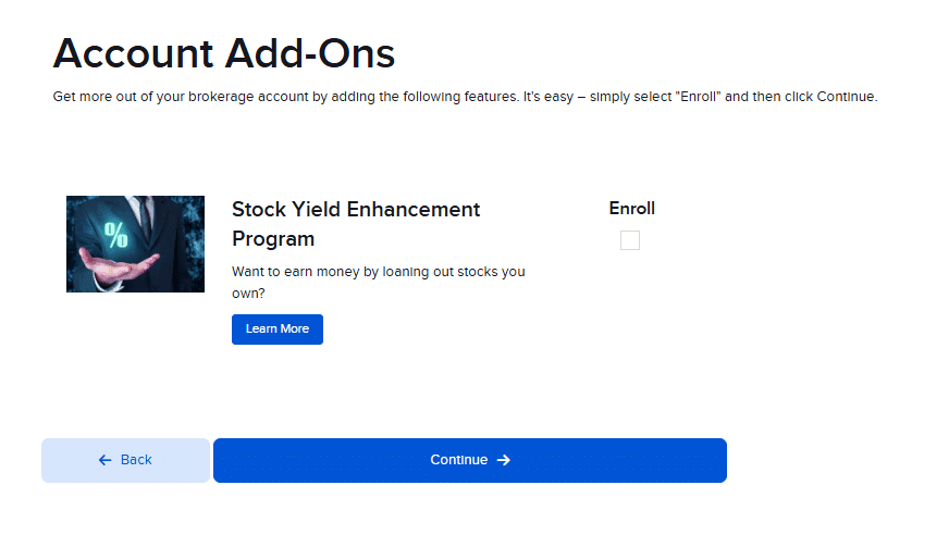 Pantalla Account Add-Ons de Interactive Brokers con el Stock Yield Enhancement Program
