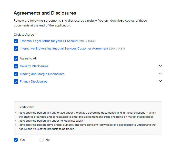 Pantalla Agreements and Disclosures de Interactive Brokers con los acuerdos marcados