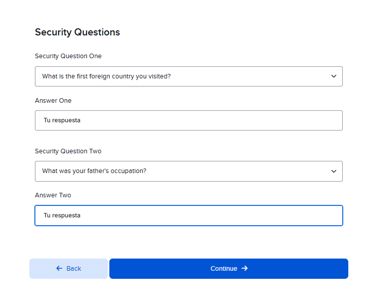 Pantalla Security Questions de Interactive Brokers con las dos preguntas de seguridad