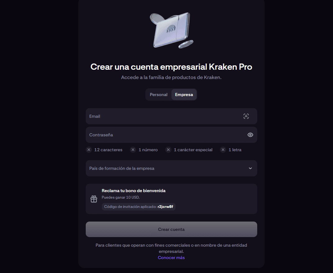 Pantalla de creación de cuenta empresarial de Kraken Pro con las pestañas Personal y Empresa