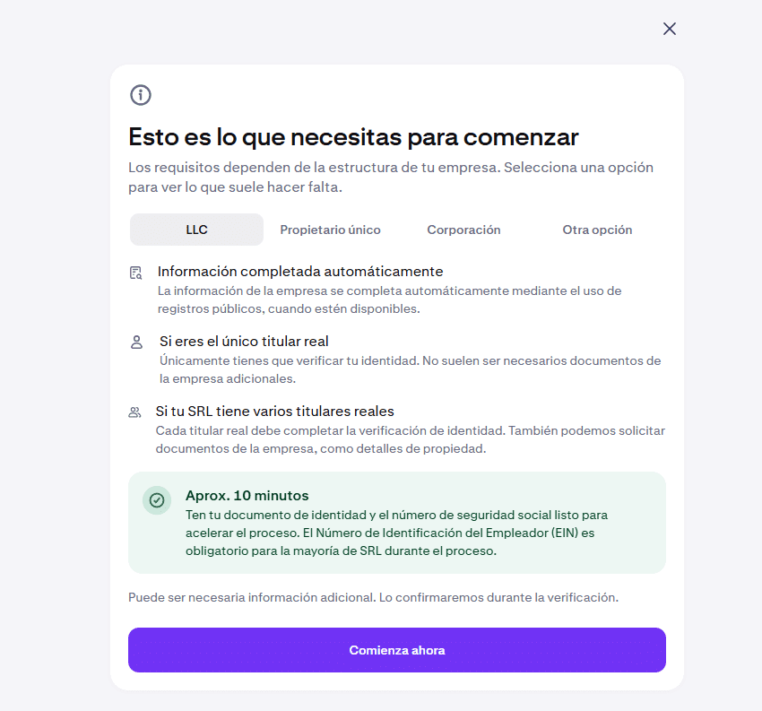 Pantalla de Kraken con los requisitos para empezar según la estructura de empresa, con LLC seleccionada