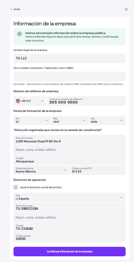 Formulario de información de la empresa en Kraken con dirección registrada y dirección de operación