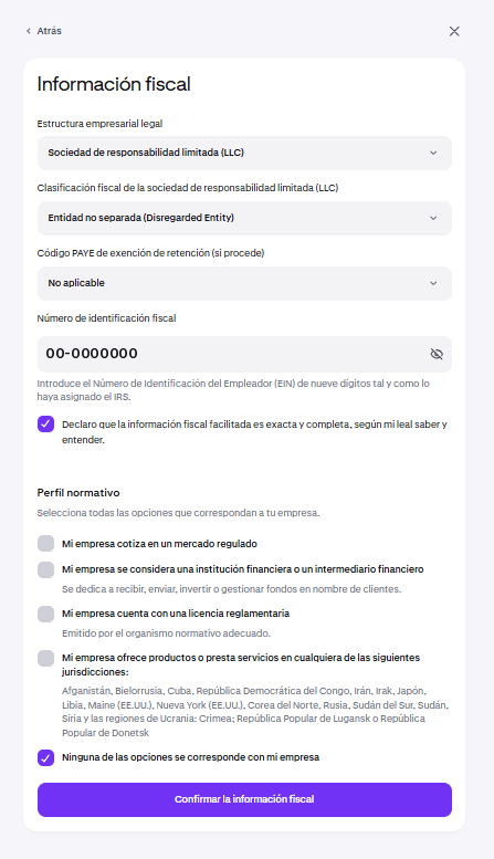 Pantalla de información fiscal de Kraken con estructura LLC, disregarded entity y EIN