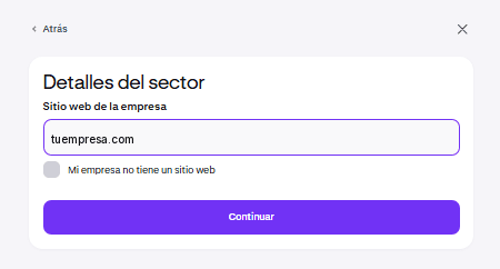 Campo de sitio web de la empresa en el registro de Kraken
