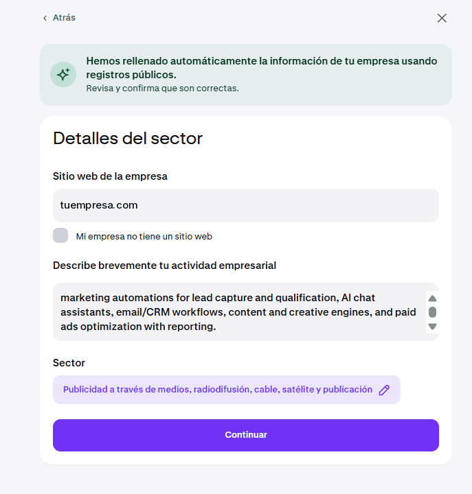 Pantalla de detalles del sector de Kraken con web, descripción de la actividad y sector
