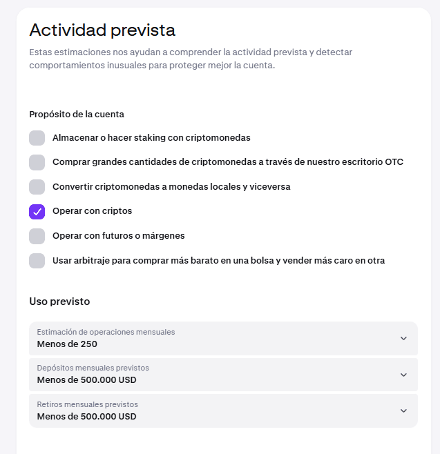 Pantalla de actividad prevista de Kraken con el propósito de la cuenta y el uso estimado