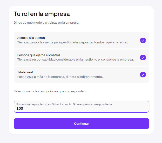 Pantalla de rol en la empresa de Kraken con acceso, control y titular real marcados