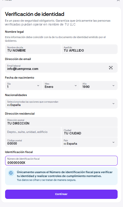 Formulario de verificación de identidad de Kraken con datos personales del titular real