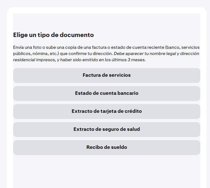 Selector de tipo de documento para el comprobante de dirección en Kraken
