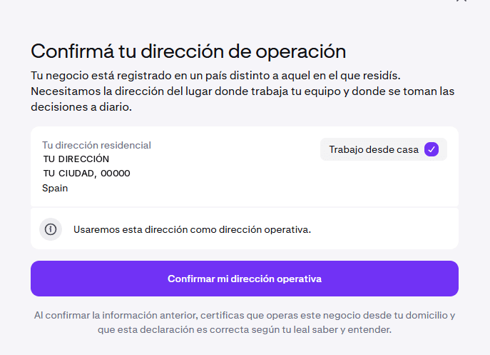 Pantalla de confirmación de la dirección de operación en Kraken
