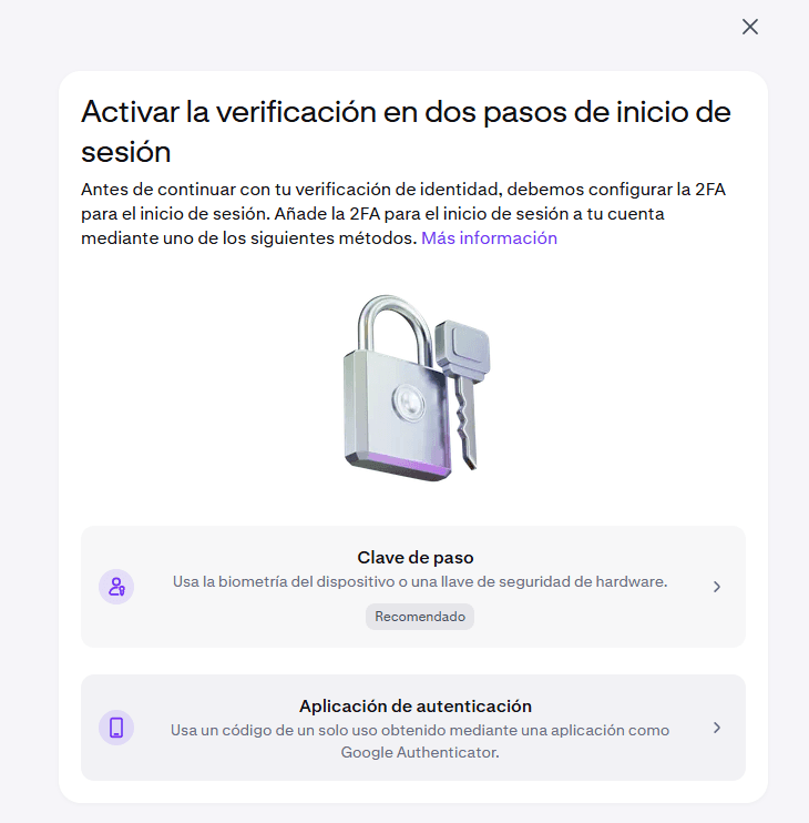 Pantalla de activación de la verificación en dos pasos de Kraken con clave de paso y app de autenticación