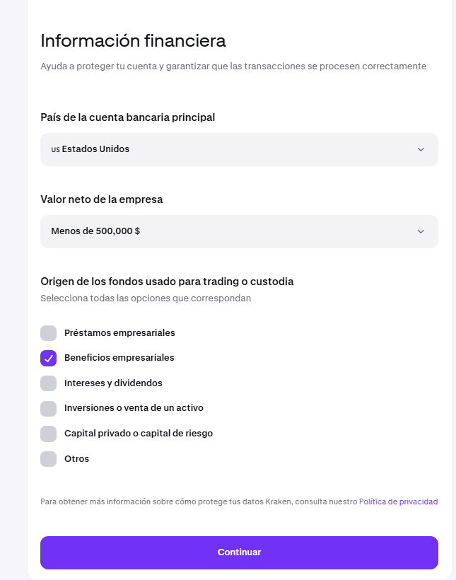 Pantalla de información financiera de Kraken con país de la cuenta bancaria, valor neto y origen de los fondos