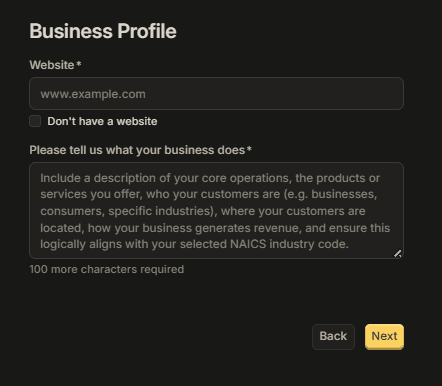 Pantalla Business Profile de Slash con web y descripción de la actividad