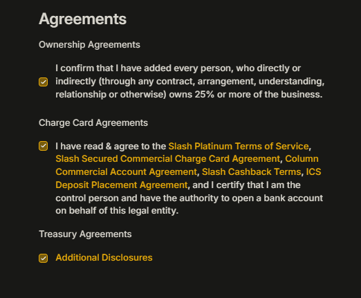 Pantalla Agreements de Slash con las confirmaciones finales