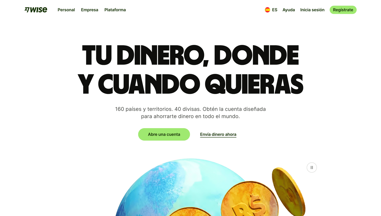Página de inicio de Wise con el botón Regístrate