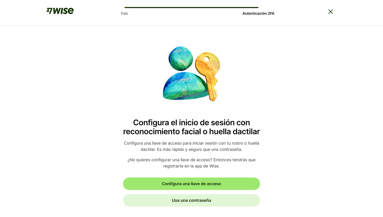 Pantalla de Wise para configurar el inicio de sesión con llave de acceso o contraseña