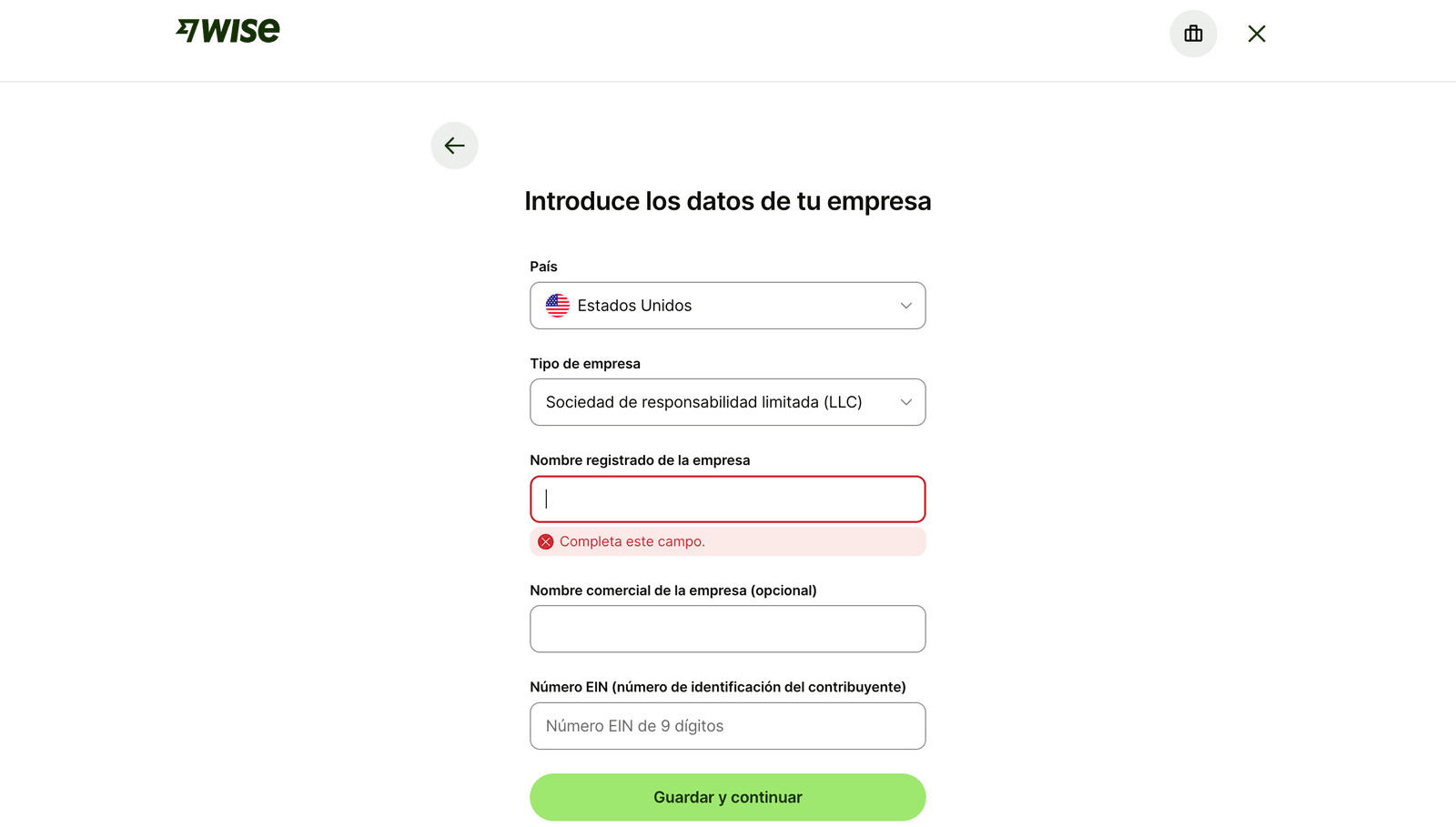 Formulario de Wise con los datos de la empresa: país, tipo, nombre registrado y EIN