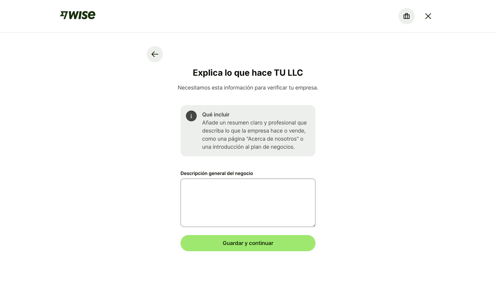 Pantalla de Wise para describir la actividad de la empresa