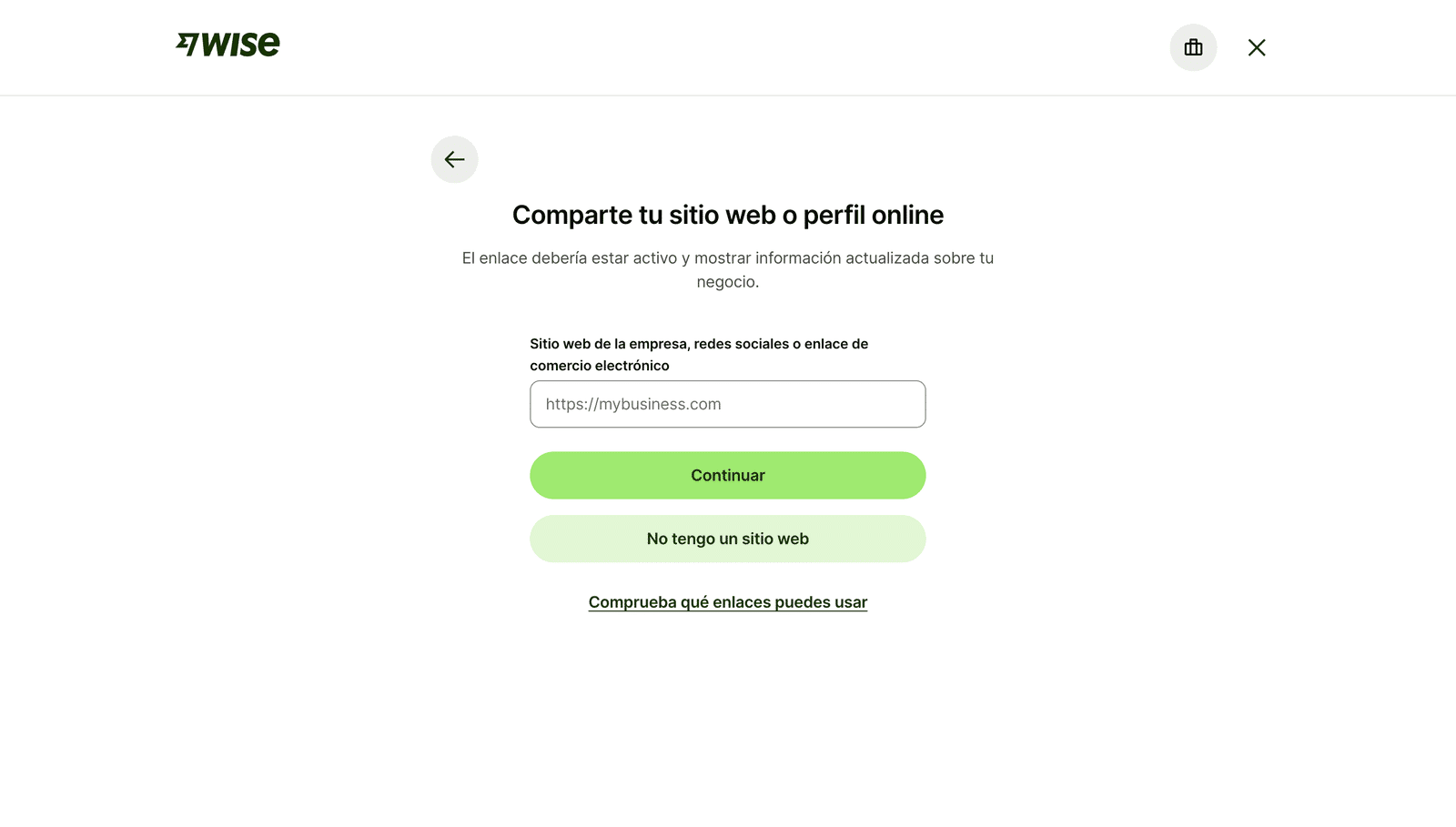 Pantalla de Wise para compartir el sitio web o perfil online de la empresa