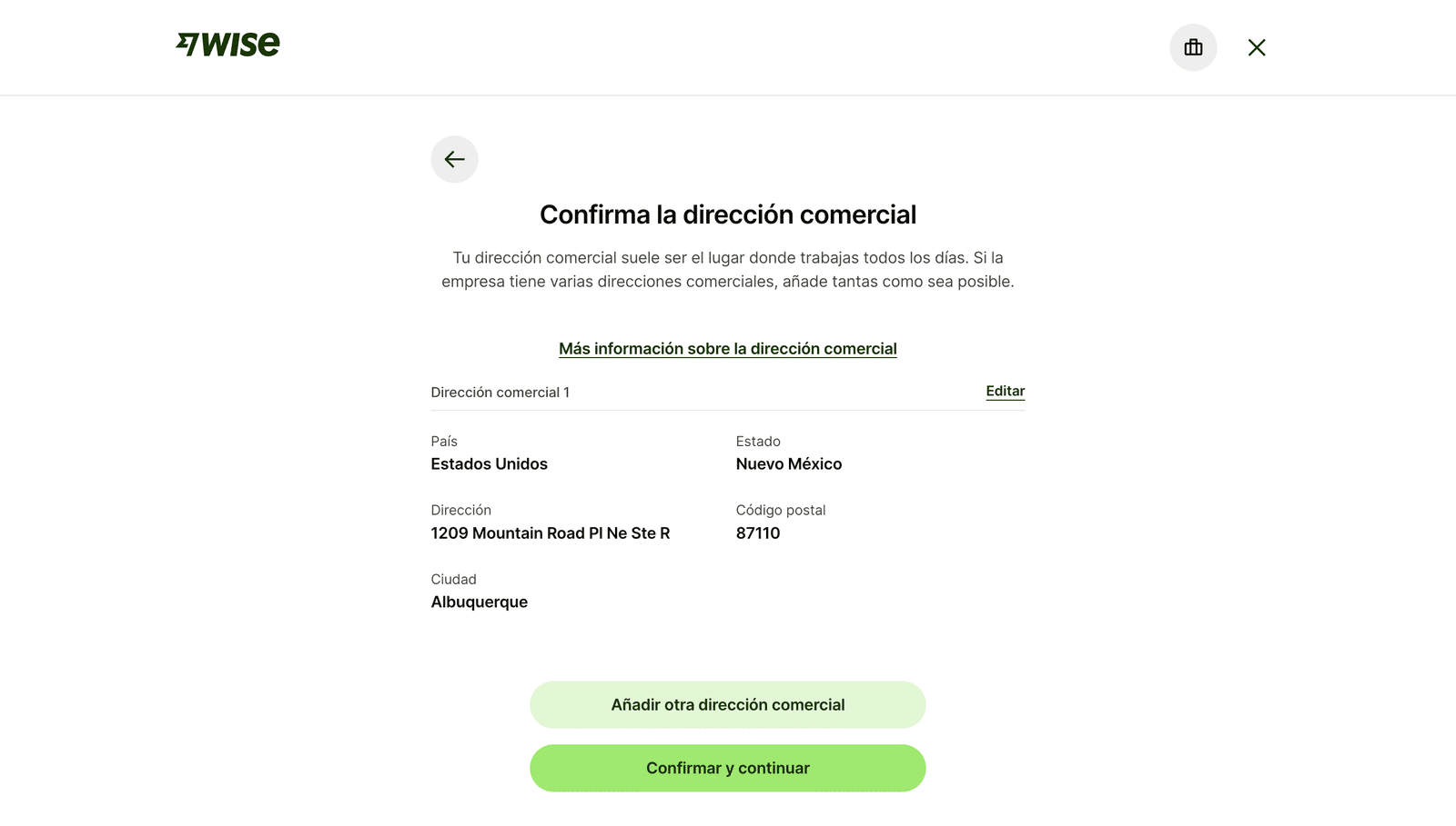 Pantalla de Wise para confirmar la dirección comercial de la empresa