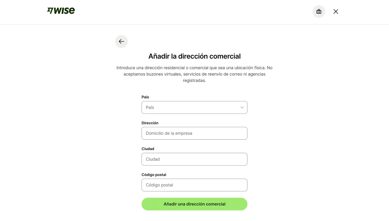 Formulario de Wise para añadir una dirección comercial