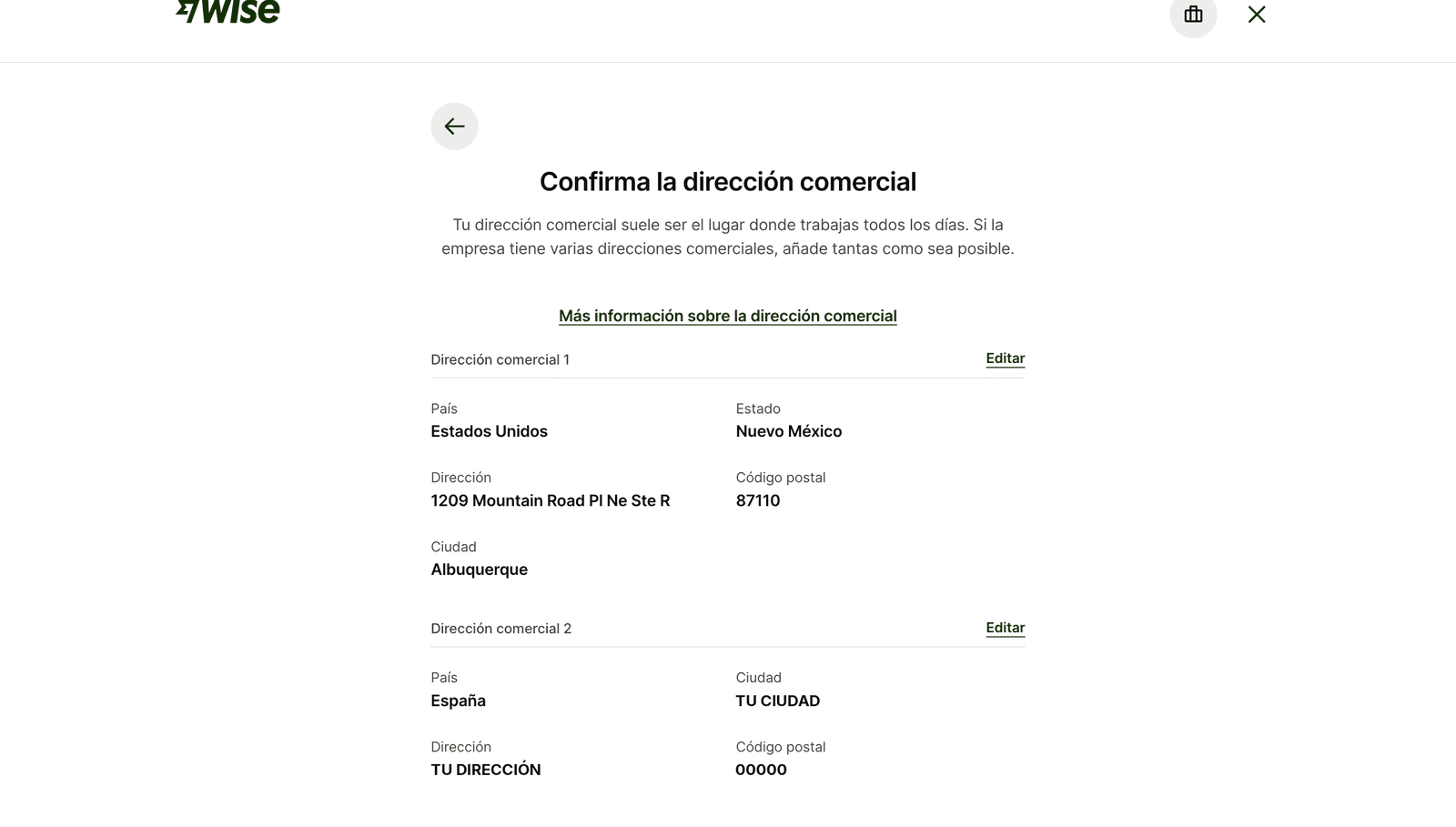 Pantalla de Wise con dos direcciones comerciales confirmadas