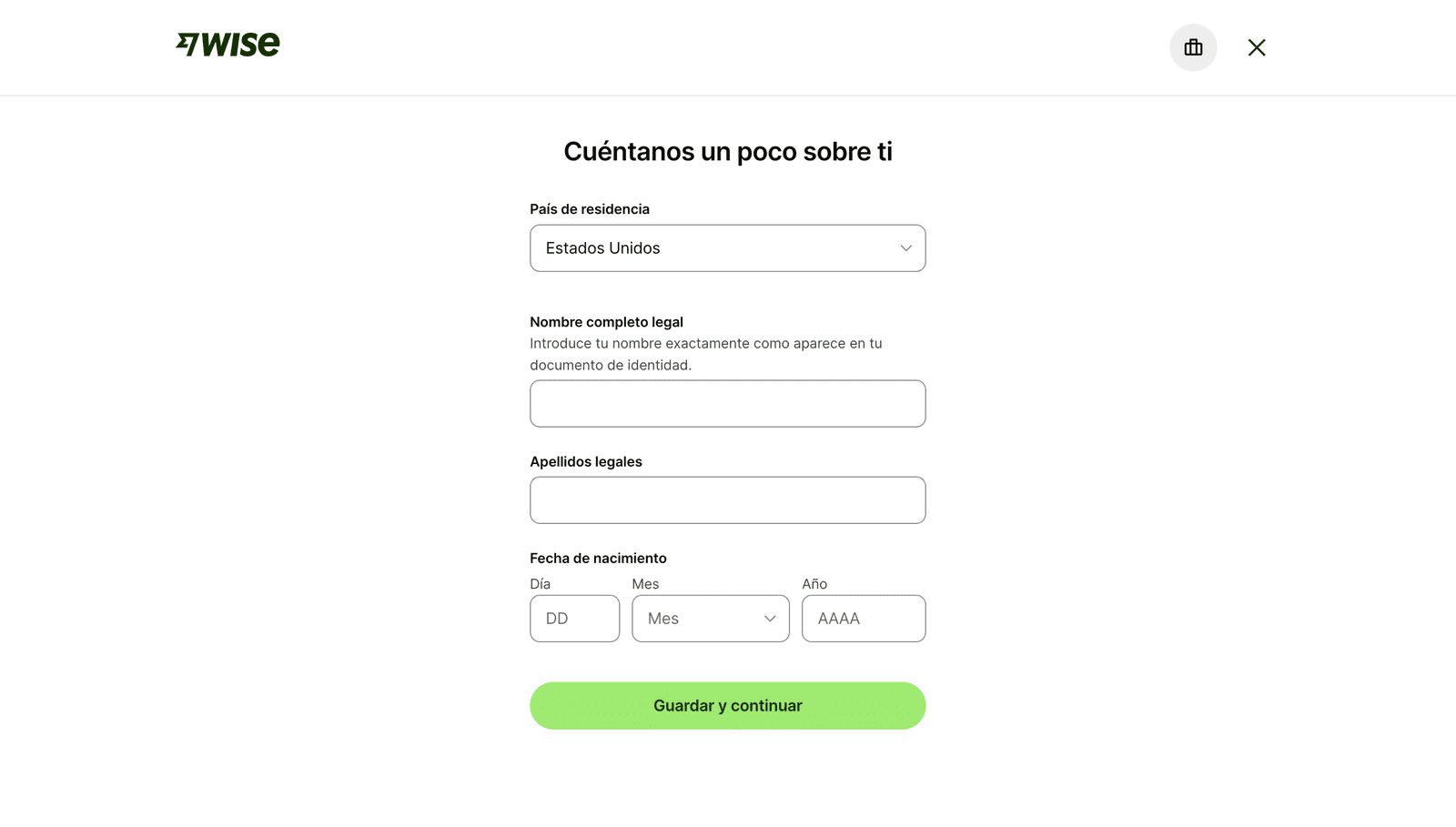 Formulario de Wise con los datos personales del titular