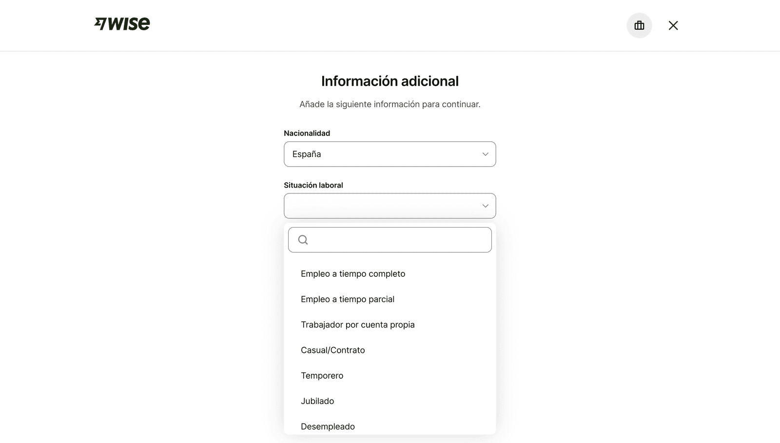 Pantalla de Wise con nacionalidad y desplegable de situación laboral