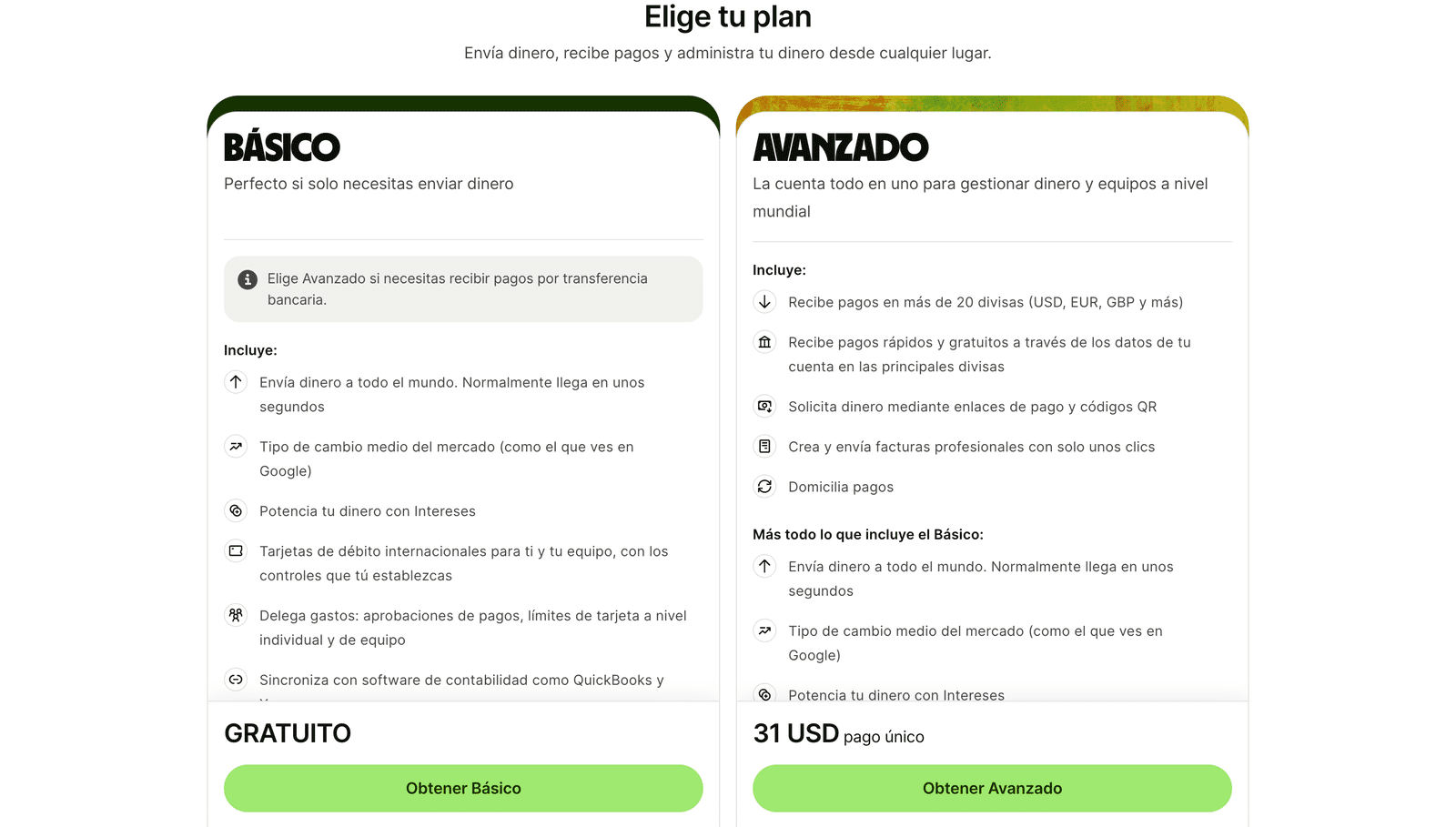 Comparativa de los planes Básico y Avanzado de Wise Business