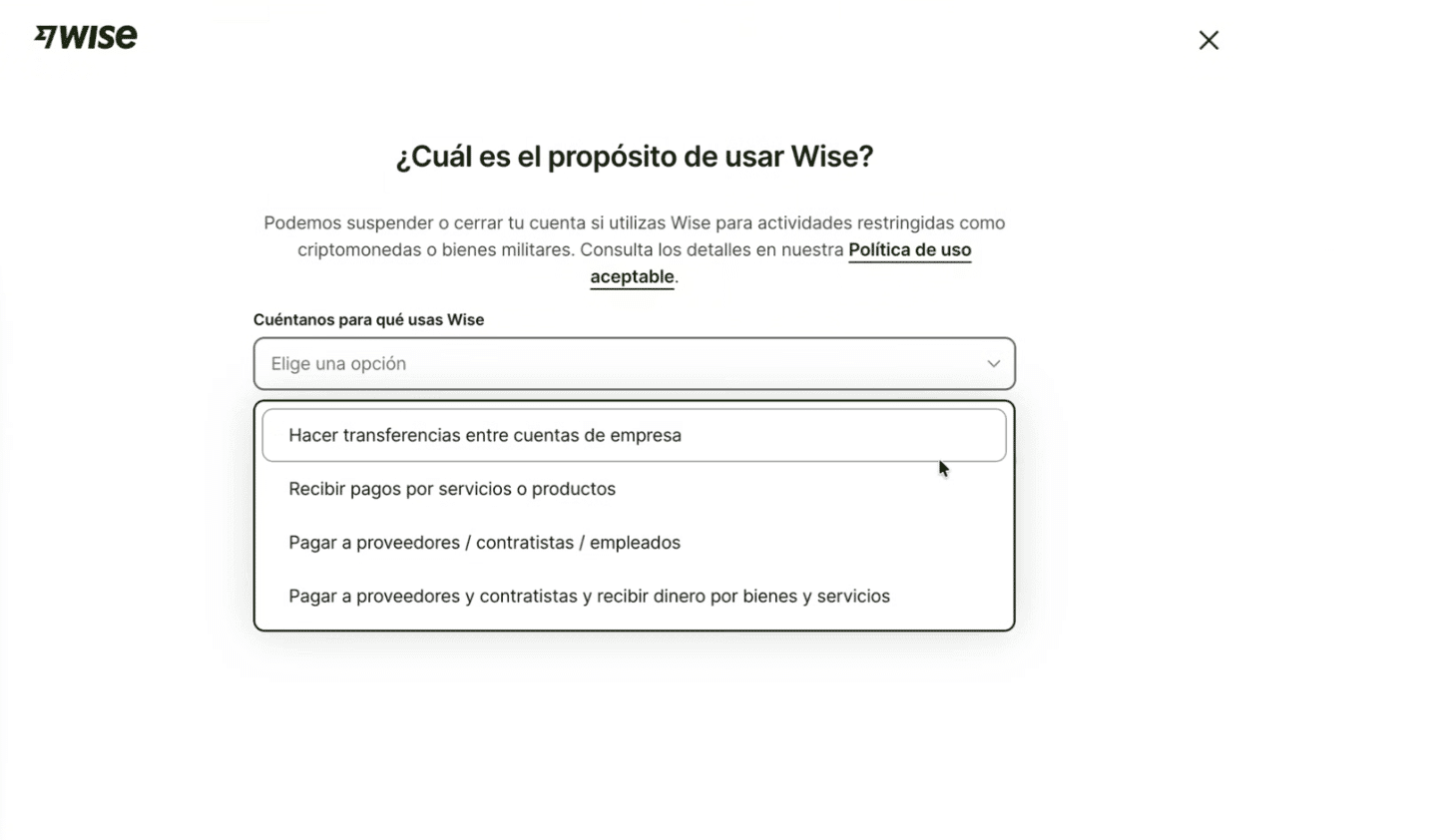 Desplegable de Wise con el propósito de uso de la cuenta