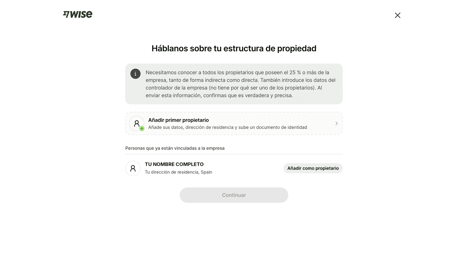 Pantalla de Wise para declarar la estructura de propiedad de la empresa