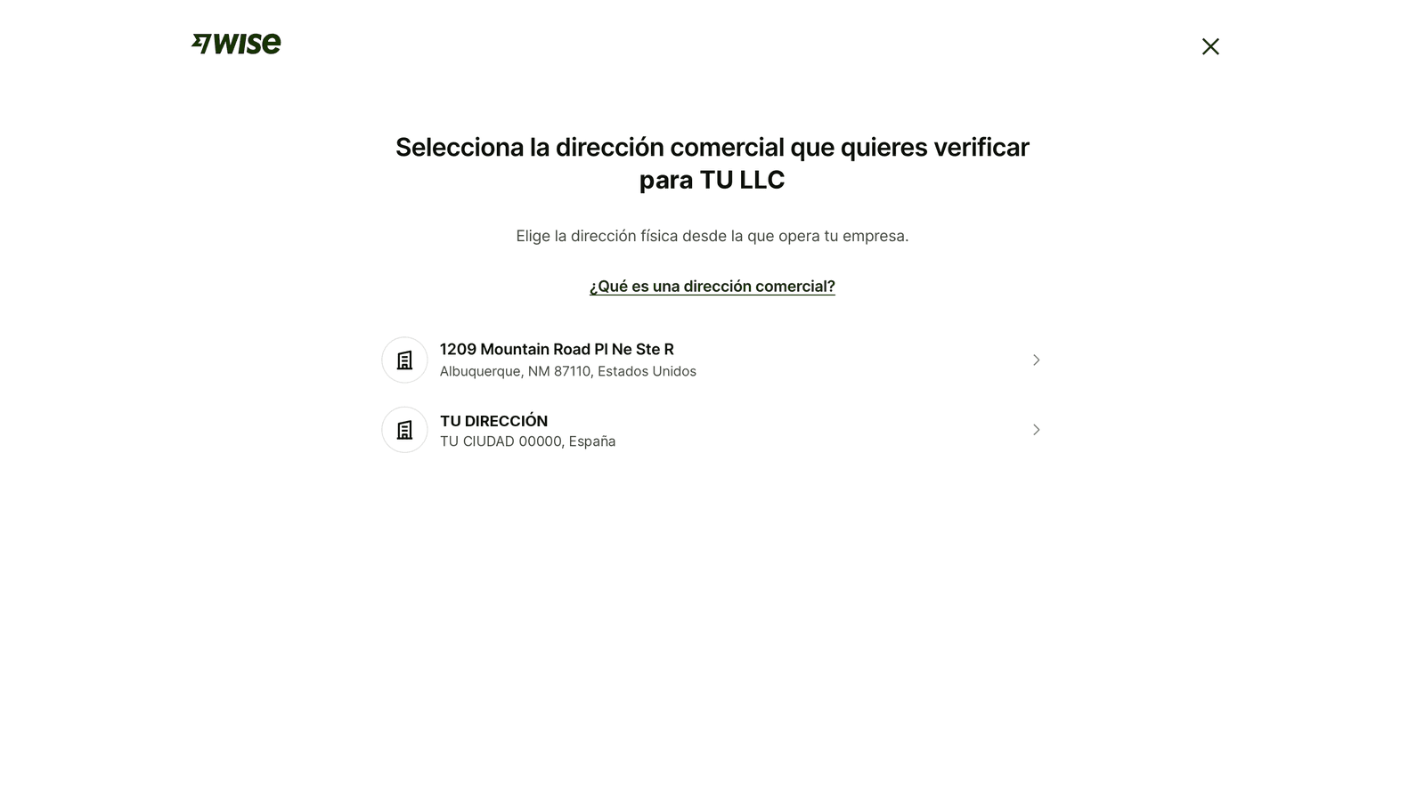 Pantalla de Wise para seleccionar la dirección comercial que se quiere verificar