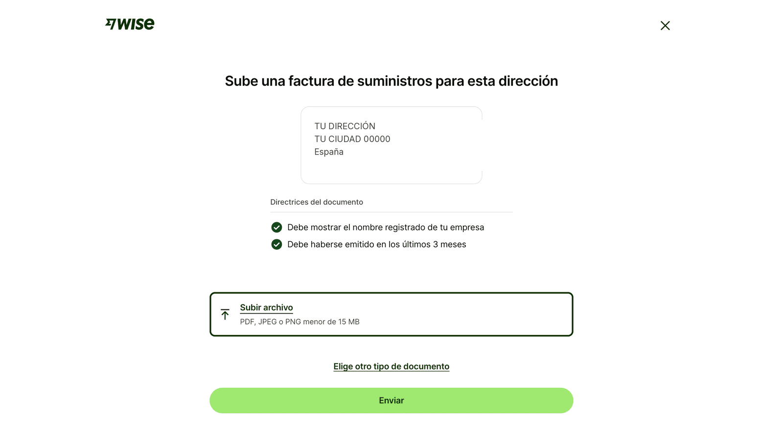 Pantalla de Wise para subir una factura de suministros como justificante de dirección