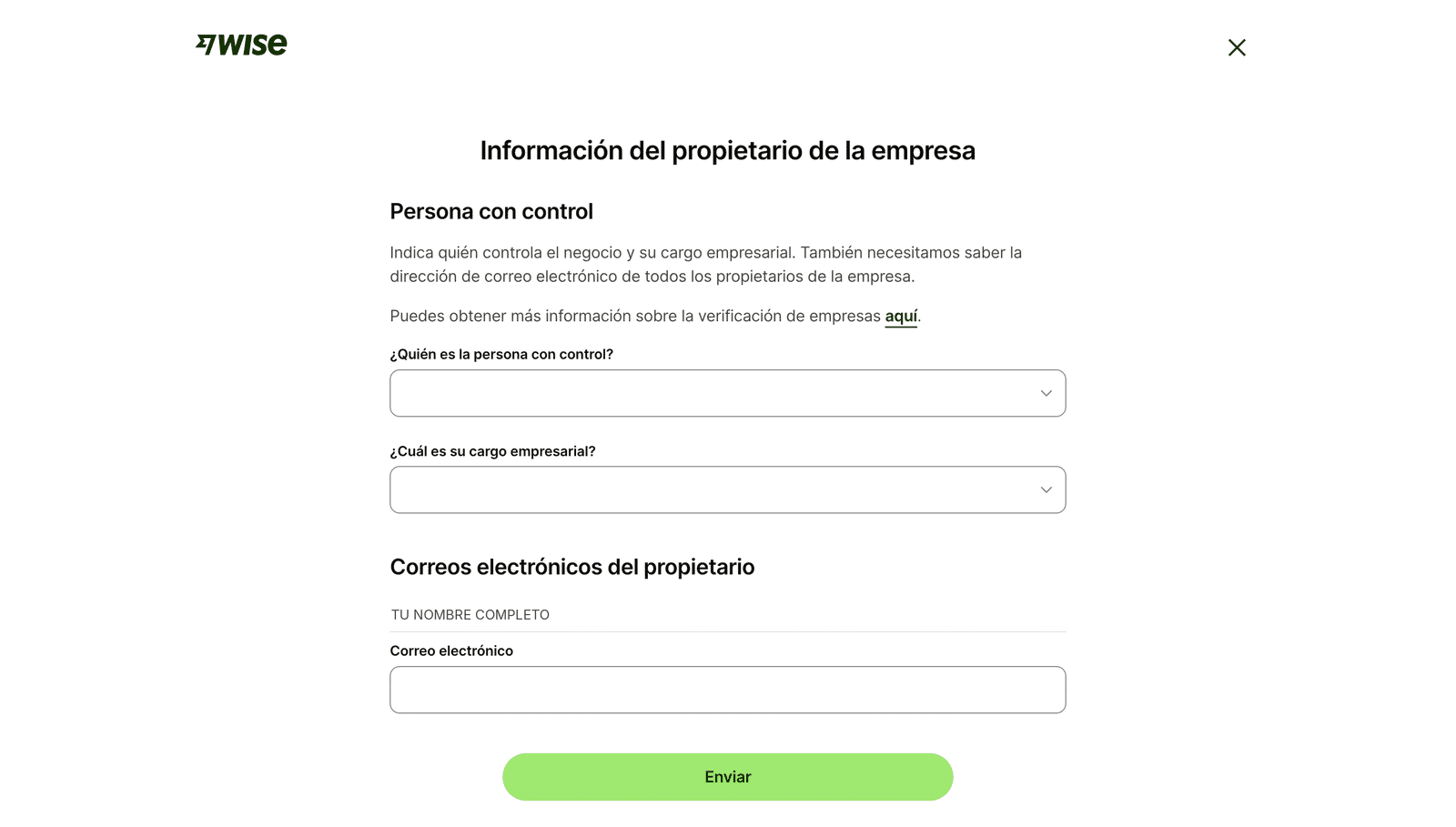 Formulario de Wise con la persona con control y los correos de los propietarios