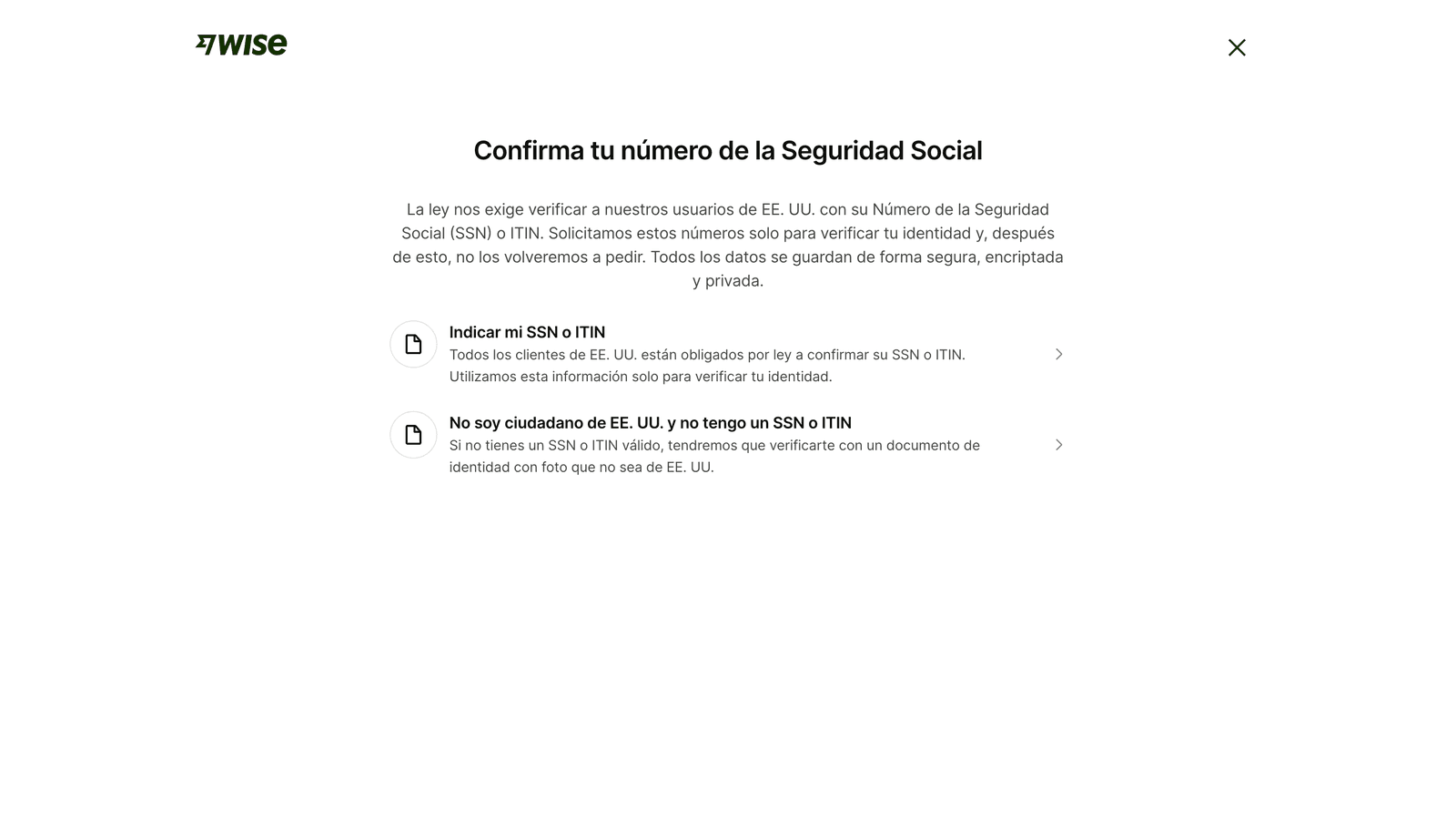 Pantalla de Wise para confirmar el SSN o indicar que no se es ciudadano estadounidense